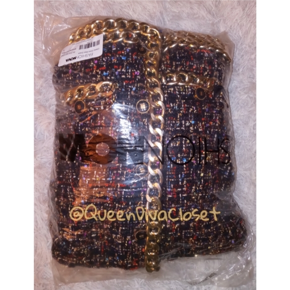 Tweed gold chain off shoulder blazer maxi dress L - Picture 8 of 8